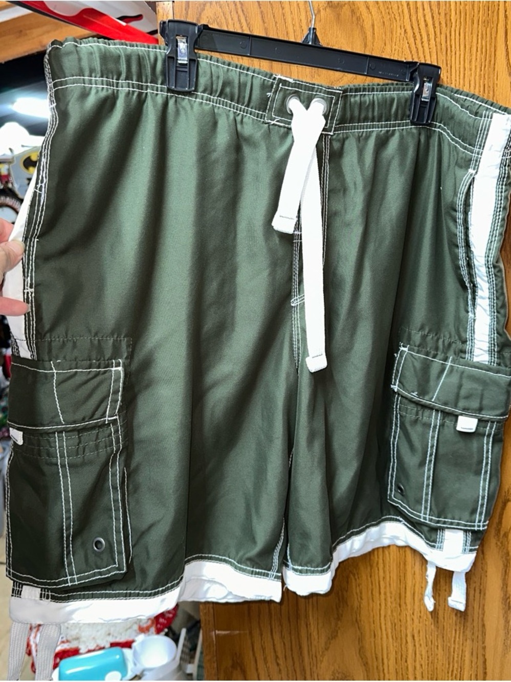 NOBO Olive Green Cargo Swim Shorts with White Trim